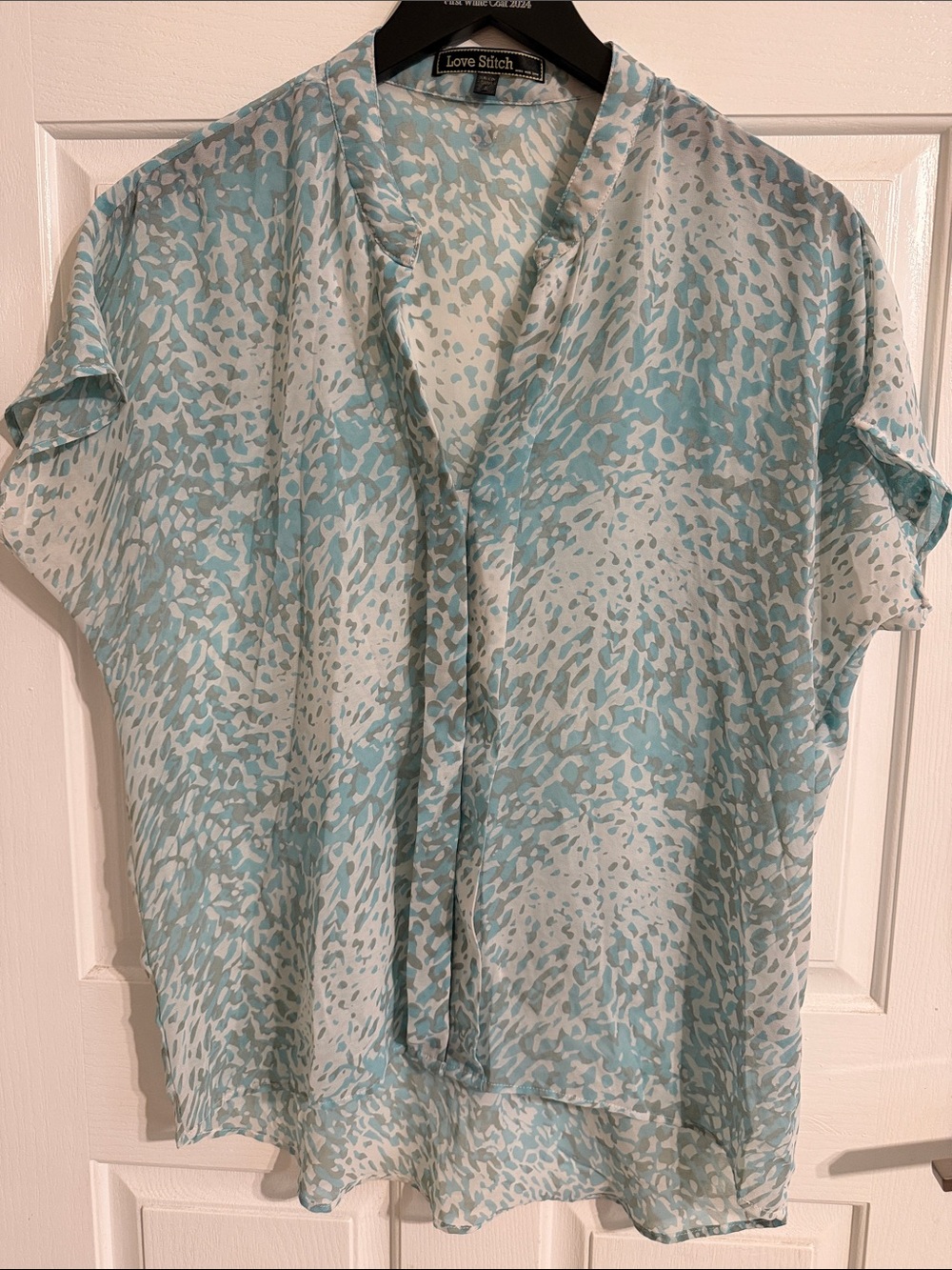 Love Stitch Aqua and White Abstract V-Neck Blouse